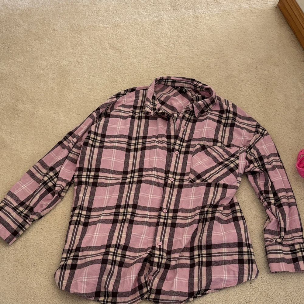 H&M Pink and Black Plaid Button Down Shirt